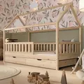 Produktbild: Crazy Pine Hausbett mit Schubladen 80x160 cm – Kinderbett aus Naturholz – Montessori Bodenbett mit zusätzlichen Stauraum - Crazy Blanco - Naturbelassen