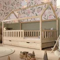 Produktbild: Crazy Pine Hausbett mit Schubladen 80x160 cm – Kinderbett aus Naturholz mit Rausfallschutz – Skandinavisches Design, Montessori Bodenbett mit zusätzlichen Stauraum - Crazy Blanco