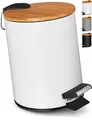 Produktbild: VMbathrooms 3L Kosmetikeimer in edlem weißem Design | Tretmülleimer mit Absenkautomatik (Soft Close) | Eleganter Eimer fürs Bad mit Innenbehälter und Bambus-Holzdeckel