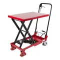 Produktbild: STIER Scheren-Hubtischwagen mit klappbarem Bügel, Fahrbarer Hubtisch mit 150 kg Traglast, Plattform 700x450mm, Hubbereich 220mm-720mm, hydraulisch, Polyurethan-Bereifung