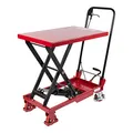 Produktbild: STIER Scheren-Hubtischwagen mit klappbarem Bügel, Fahrbarer Hubtisch mit 150 kg Traglast, Plattform 700x450mm, Hubbereich 220mm-720mm, hydraulisch, Polyurethan-Bereifung