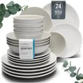 Produktbild: Steingut Geschirrset 6 Personen Hygge 24 tlg. TESTSIEGER, Traumhaftes Skandinavisches Steingut Geschirr Set, Schüssel- und Teller Set, Tafelservice 6 Personen, Geschirrsets Pure Living in Hellgrau