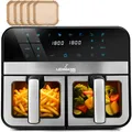 Produktbild: LEHMANN Heißluftfritteuse 2 Kammern XXL mit Sichtfenster, 9L Airfryer Doppelkammer, 2x 4,5L Schublade, WLAN-Steuerung und Touchscreen, 80-200°C, 12 Programmen - Dehydriere, Grillen, Backen ohne Öl