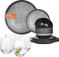 Produktbild: Melamin Camping Geschirr Set 4 Personen Stone Grey + 4 Tiamo Gläser Wassergläser Tafelgeschirr Picknick BBQ Kochgeschirr