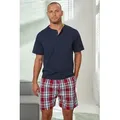 Produktbild: Pyjama H.I.S, Herren, Gr. 48/50 (M), bunt (marine, bordeaux), Jersey, Obermaterial: 100% Baumwolle, kariert, Basic, bequem kurz, Rundhals, abgesteppte Kante, Homewear-Sets Pyjama, Schlafanzug mit Webshorts