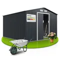 Produktbild: Juskys Gerätehaus Metall 8,9 m² – Geräteschuppen mit Pultdach, Schiebetür & Fundamentrahmen, kleines Gartenhaus als Gartenschrank 277x319x192 cm – Anthrazit