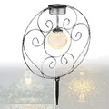 Produktbild: Solarlampe für Außen Stehend Kreis Kugel mit Pflegetuch – Solarleuchte Garten 41 cm Hoch – Außenleuchte Gartenlampe LED 30 cm Durchmesser – Leuchte Solar Aussenlampe IP 44 Silber Metall Erdspitz