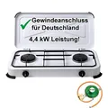 Produktbild: Bluecraft Campingkocher 2 flammig Gaskocher mit 4,4 kW Leistung für Gasflaschen Doppelkocher Gasherd mit Zubehör - 50 mbar Gasregler Gasschlauch für Camping Outdoor Garten & Freizeit