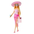 Produktbild: Barbie - Blonde Puppe mit pink-weißem Badeanzug, Sonnenhut, Tragetasche und Stra