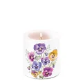 Produktbild: Ambiente Kerze Stumpenkerze Wachswindlicht 9 cm hoch Brenndauer ca 35h Blumen Frühling Sommer Garten Stiefmütterchen Dekorationskerze Serie pansies