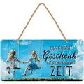 Produktbild: LANOLU Retro Blechschilder DAS GRÖßTE GESCHENK IST GEMEINSAME ZEIT vintage Metallschilder mit Sprüchen als Wanddeko für Küche und Garten - Shabby Chic Deko mit Jutekordel 16x32cm