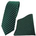 Produktbild: TigerTie - schmale Designer Seidenkrawatte + Seideneinstecktuch in grün dunkelgrün silberweiss gepunktet mit kleinen Vierecken