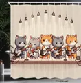 Produktbild: ABAKUHAUS Katze Duschvorhang, Kawaii Kitty Gitarristenband, Stoffliches Gewebe Badezimmerdekorationsset mit Haken, 175 x 180 cm, Grau Orange Blasser Tan