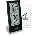 Produktbild: ADE Raumthermometer funk mit Außensensor, Uhrzeit, ausgeschriebener Wochentag, inkl. 4 AAA Batterien, Kalender, Temperaturtrendanzeige schwarz