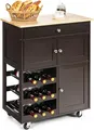 Produktbild: GOPLUS Küchenwagen auf Rollen, Servierwagen mit 1 Schublade 2 Schrank & Weinregal, Rollwagen aus Holz, Gummi-Räder, Metall-Griff, Braun