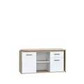 Produktbild: Forte ALIKLIA Schreibtisch 140 150, moderner Schreibtisch mit 1 Schublade und 1 Tür, Computertisch, Home Office, Holzwerkstoff, Weiß/Sonoma Eiche Holzdekor, 144 cm breit x 74,1 cm hoch x 50 cm tief