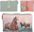 Produktbild: Depesche 13405 Miss Melody Romantic Fields - Portemonnaie in Grün und Rosa, mit Pferde Motiv und Blumenwiese, Geldbörse mit Klettverschluss