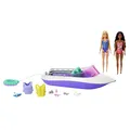 Produktbild: Barbie Malibu Roberts & Brooklyn Puppe - 45,7 cm Schnellboot, 4 Puppen Platz, Glasboden, Schwimmreifen und weiteres Zubehör, für Kinder ab 3 Jahren, HJK58
