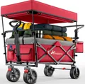 Produktbild: TRESKO® Bollerwagen Faltbar mit Dach Rot, Kühlfach & Seitenrollos | Handwagen max. belastbar bis 150kg | Transportwagen mit Vollgummireifen & Feststellbremsen (Vorne & Hinten) und 3-Punkt-Gurt
