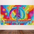 Produktbild: 60er-Jahre-Party-Dekorationen, Friedensflagge, Bunte Blumen, Hippie-Groovy-Hintergrund, Fotokabinen-Requisiten-Hintergrund mit Seil, Hippie-Themen-Groovy-Party-Dekoration, 72,8 x 43,3 Zoll