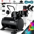 Produktbild: MASKO® Airbrush-Set mit Kompressor 4 bar inkl. Airbrush-Pistolen | Lackierpistole Komplett-Set Tattoo Kunst Malerei | Nadeln & Düsen im Zubehör | Multifunktions Dual-Set mit Manomter & Luftfilter