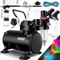 Produktbild: MASKO® Airbrush-Set mit Kompressor 4 bar inkl. Airbrush-Pistolen | Lackierpistole Komplett-Set Tattoo Kunst Malerei | Nadeln & Düsen im Zubehör | Multifunktions Dual-Set mit Manomter & Luftfilter