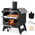 Produktbild: COSTWAY Outdoor Pizzaofen, Pizza Ofen mit Pizzaschaufel, Pizzastein, wasserdichter Abdeckung, Edelstahl-Dach & Griffen, Brennofen tragbar, Holzofen - Schwarz