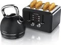 Produktbild: Arendo Frühstücks-Set, Wasserkocher Edelstahl 1,7l, Toaster 4 Scheiben Kurzschlitz, Frühstücksset, Wasserkocher Retro, Toaster Vintage, 2 Rösteinheiten, schwarz