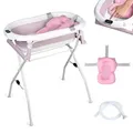 Produktbild: moovkee Babybadewanne mit Gestell 80cm Rosa Faltbar mit Thermometer, Badekissen und Abflusssystem – Babywanne für Neugeborene mit Ständer - Rosa
