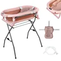 Produktbild: moovkee. Baby Badewanne mit Gestell 80cm – Babybadewanne Faltbar Dunkelrosa | mit Thermometer, Badekissen und Abflusssystem - Babywanne mit Ständer Sicher für Ihr Neugeborenes
