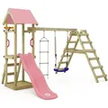Produktbild: Spielhaus Spielturm TinyLoft mit Schaukel & Rutsche, Kletterturm mit Sandkasten, Leiter & Spiel-Zubehör – Pastellpink - Wickey
