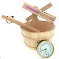 Produktbild: Dewello® Sauna Zubehör Set | Saunathermometer, Hygrometer, Sanduhr, Aufguss Eimer & Saunakelle | Das Saunazubehör für Zuhause