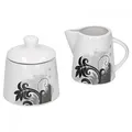 Produktbild: Van Well 2-TLG. Geschirr-Set Black Flower | Zuckerdose + Milchkännchen | Zuckerspender mit Deckel + Milch-Gießer | modern | edles Hotel-Porzellan