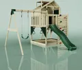Produktbild: OutdoorToys Spielturm mit Spielhaus inkl. Wellenrutsche und 2x Kinder-Schaukel, Outdoor Klettergerüst Garten, Ausführung: Trapezstange, Farbe: Smaragdgrün Trapezstange