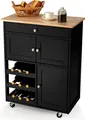 Produktbild: GOPLUS Küchenwagen auf Rollen, Servierwagen mit 1 Schublade 2 Schrank & Weinregal, Rollwagen aus Holz, Gummi-Räder, Metall-Griff, im Landhausstil, für Küche Restaurant Bar (Schwarz)