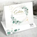 Produktbild: 50x Tischkarten Hochzeit Eukalyptus – Schön, dass du da bist – Florales Design mit Goldakzenten, Namenskarten Platzkarten für Hochzeit, Geburtstag, Konfirmation, Design Edition, Funke & Brand