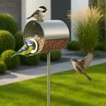 Produktbild: MeLiTec Vogelfutterstation mit Ständer, Vogelhaus VH10, Futterstation Edelstahl matt gebürstet, stehend, 150 cm Höhe, rund Ø14 cm, silber-matt ... - Silber