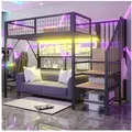Produktbild: Merax Hochbett (Kinderbett Jugendbett Eisenbett, 1-St., App-gesteuerte LED-Leuchten) Metallbett 90x200cm mit LED Stauraumtreppe Kleiderschrank Gitter schwarz 96 cm x 255 cm x 104 cm
