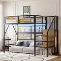 Produktbild: Merax Etagenbett Hochbett 90x200 mit Treppe, Kinderbett mit Kleiderschrank, LED Licht per App, Metallbett mit Netzwand und Stauraum, Schwarz - Schwarz