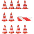 Produktbild: Relaxdays Pylonen 10er Set mit 50 m Absperrband & Aufbewahrungsbeutel, Markierungskegel, Verkehrshütchen 22,5 cm, orange