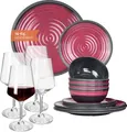 Produktbild: Melamin Camping Geschirr Set 4 Personen Stone Red + 4 Milano Rotwein Gläser Rot Weingläser Tafelgeschirr Picknick BBQ Kochgeschirr