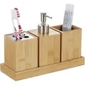 Produktbild: Relaxdays - Badaccessoires Set, 4-teilig, Bambus, Pumpseifenspender, Zahnputzbecher, Zahnbürstenhalter, Mit Schale, Natur