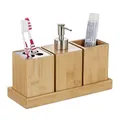 Produktbild: Relaxdays Badaccessoires Set, 4-teilig, Bambus, Pumpseifenspender, Zahnputzbecher, Zahnbürstenhalter, mit Schale, natur