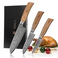 Produktbild: Wakoli EDIB Pro 3-teiliges Küchenmesser Set aus echtem Damaststahl (VG10 Kern) in Geschenkbox aus Holz – 2x Santoku Messer & Officemesser – Scharf & ergonomisch – Damastmesser Set mit Pakkaholzgriffen