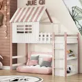 Produktbild: Flieks Etagenbett 90x200 mit Rausfallschutz, Kinderbett Hausbett mit Lattenrost, Hochbett Stockbett mit Leiter, Holzbett Einzelbett Rosa - Rosa