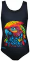 Produktbild: Aquarti Badeanzug Mädchen – Sportlicher Mädchen Badeanzug mit Ringerrücken Print, Farbe: Papagei/Schwarz, Größe: 170