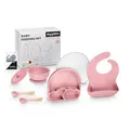Produktbild: mypikin Dark Pink Kindergeschirr Set BPA Frei, 5 Stücke Silikon Saugnapf, Rutschfester Babygeschirr mit Lätzchen, Gabel, Löffel, Kinderteller und Schüssel mit Deckeln