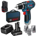 Produktbild: Bosch Akku-Bohrschrauber GSR 12V-15, 12V / 2Ah+4Ah, mit 2 Akkus, Bohrer-Bitsets, Tasche
