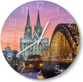 Produktbild: DEQORI Glasuhr Ø30 cm Zahlen 'Kölner Wahrzeichen abends' Wanduhr Glas Uhr Design leise