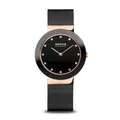 Produktbild: BERING Damen Quarz Uhr | Armbanduhr 35 mm roségoldenes Edelstahlgehäuse und schwarzes Zifferblatt | Milanaisearmband | Saphierglas | 5 ATM | 11435-166